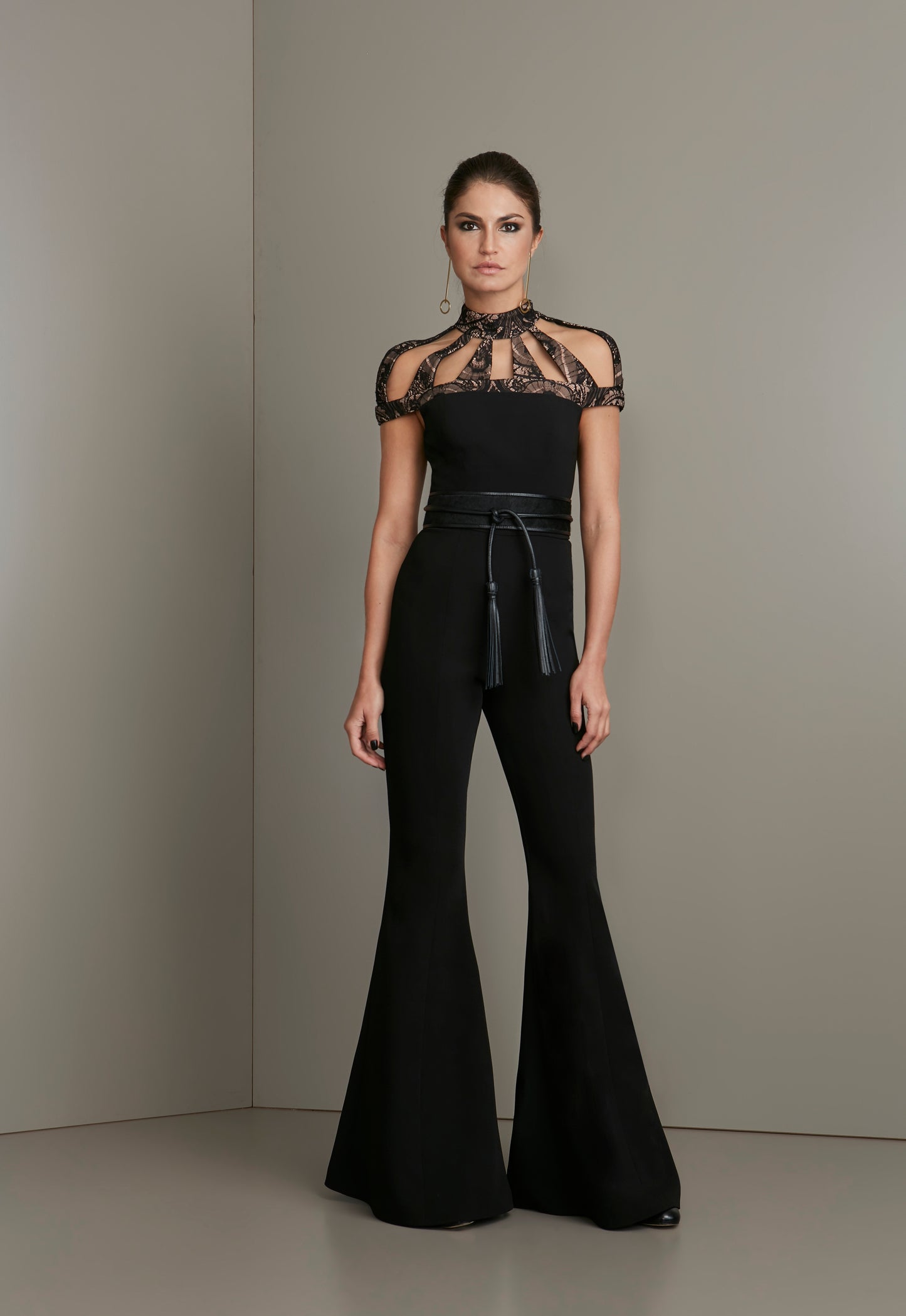 Black Bell Bottom Jumpsuit with Nude and Black Lace Top Cutouts