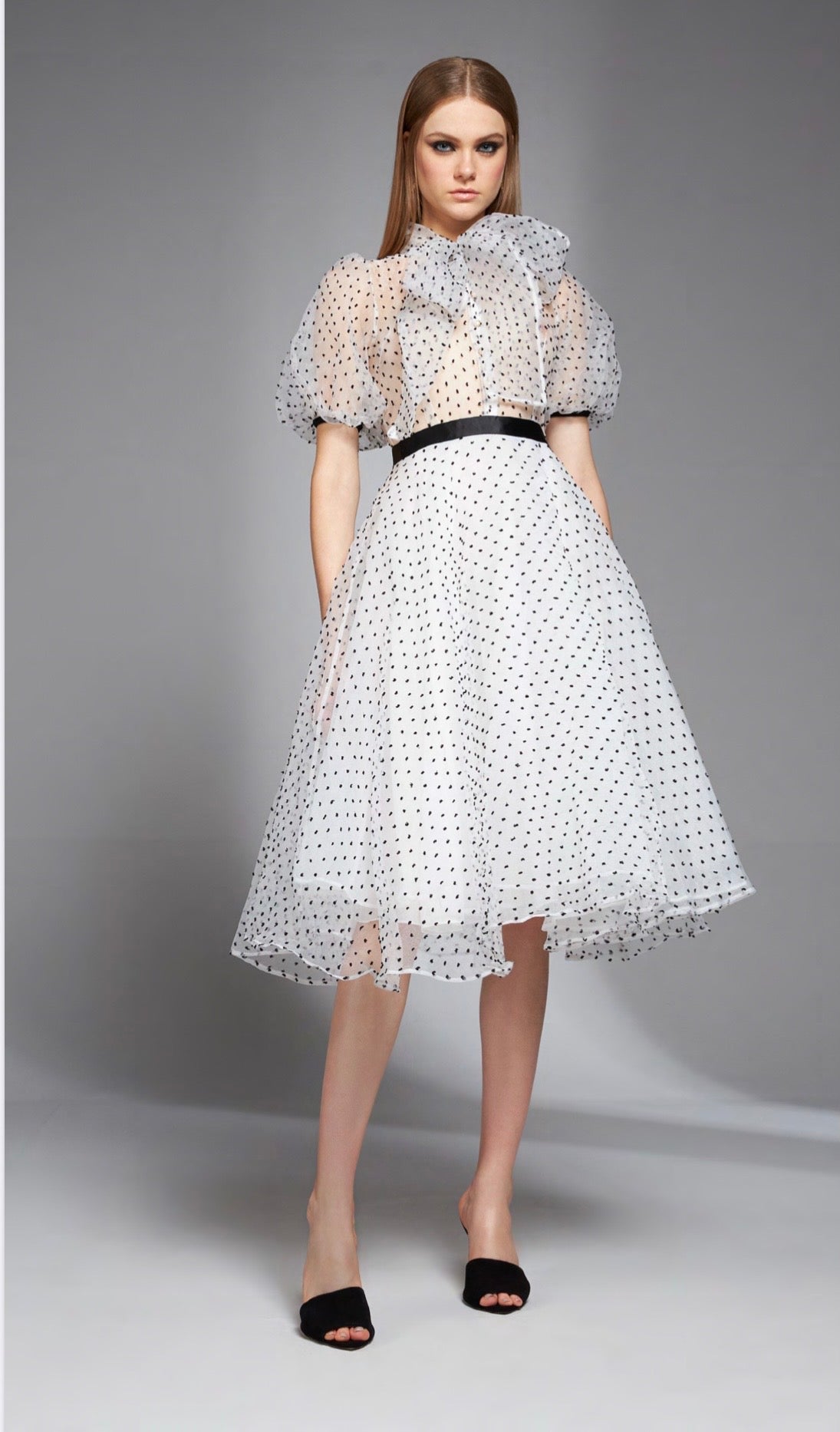 White and Black Polka Dotted Organza Midi Dress
