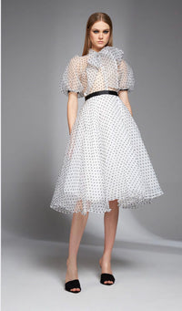 White and Black Polka Dotted Organza Midi Dress