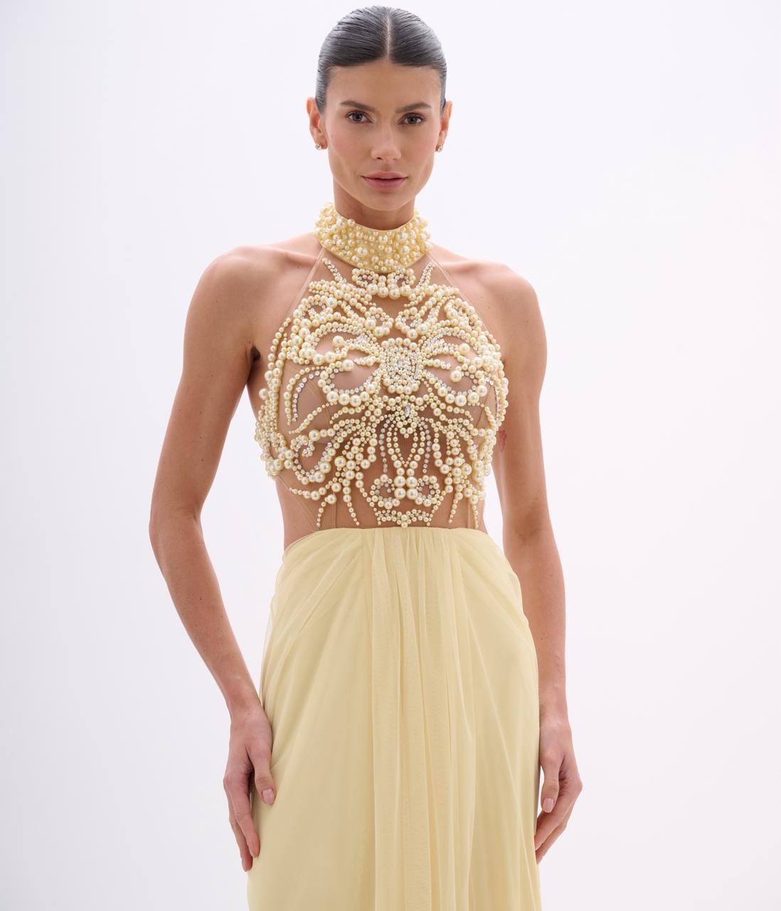Canary Yellow Gown with Pearl Beaded Halter
