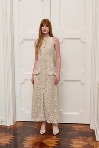 Cream Velvet Lace Sleeveless Lined Midi Dress with Tweed Covered Buttons
