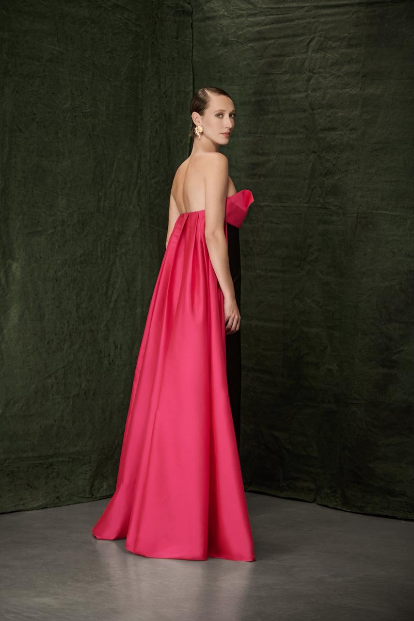 Strapless Black Gown with Fuchsia Cape with a Black Sash and Back Slit