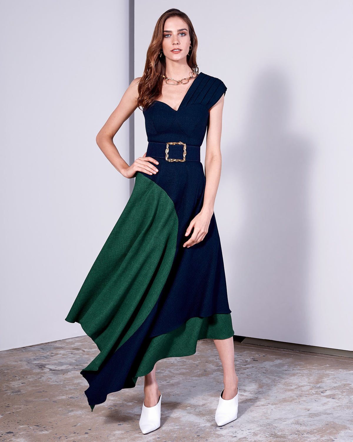 Navy and Green Color Blocking Midi Dress (S)