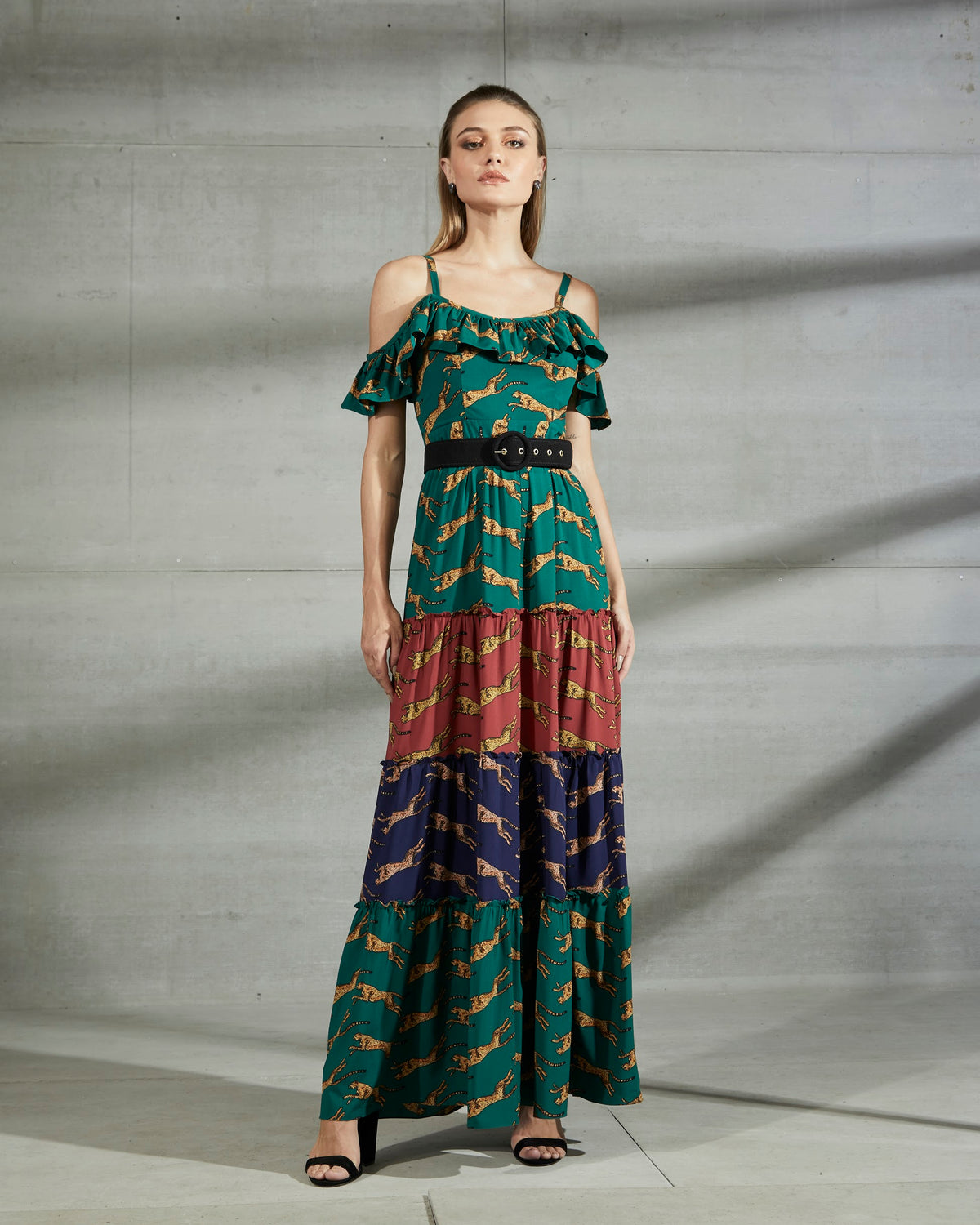 Tri-Color Leopard Patterned Ruffled Dress