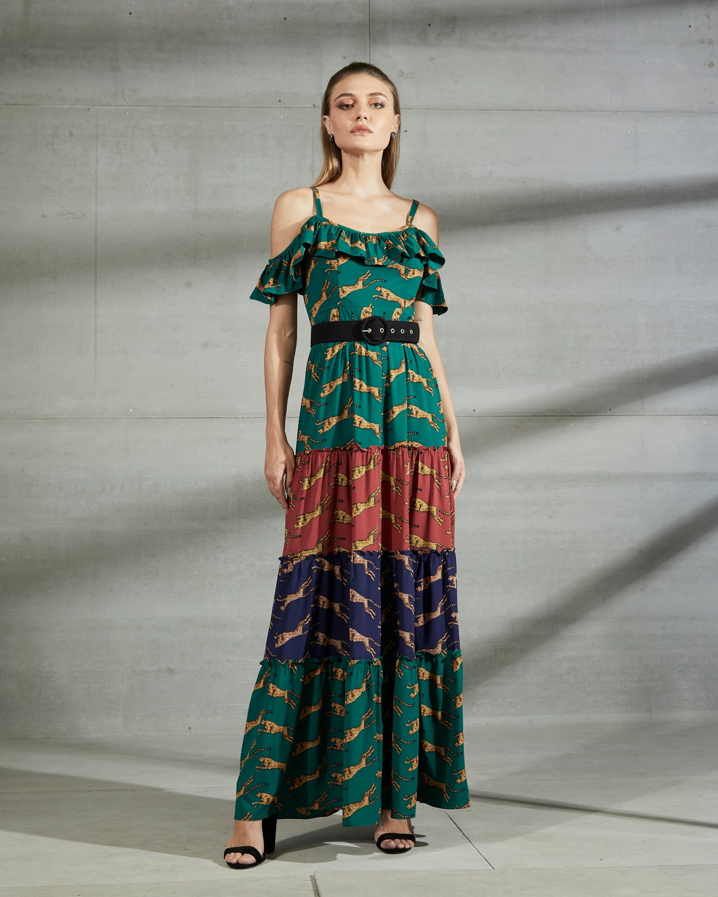 Tri-Color Leopard Patterned Ruffled Dress