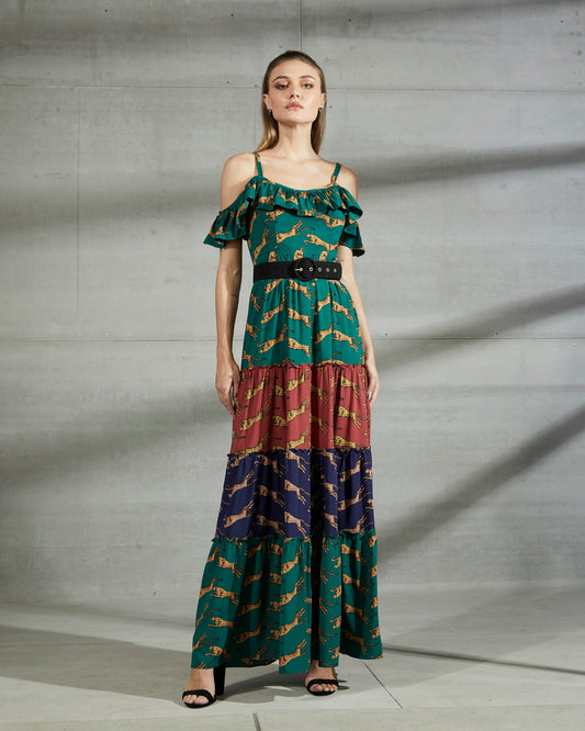Tri-Color Leopard Patterned Ruffled Dress