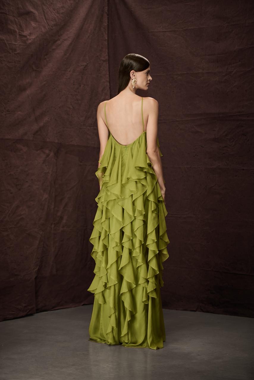 Olive Green Sleeveless Layer Ruffle Center Rosette Detail Long Dress