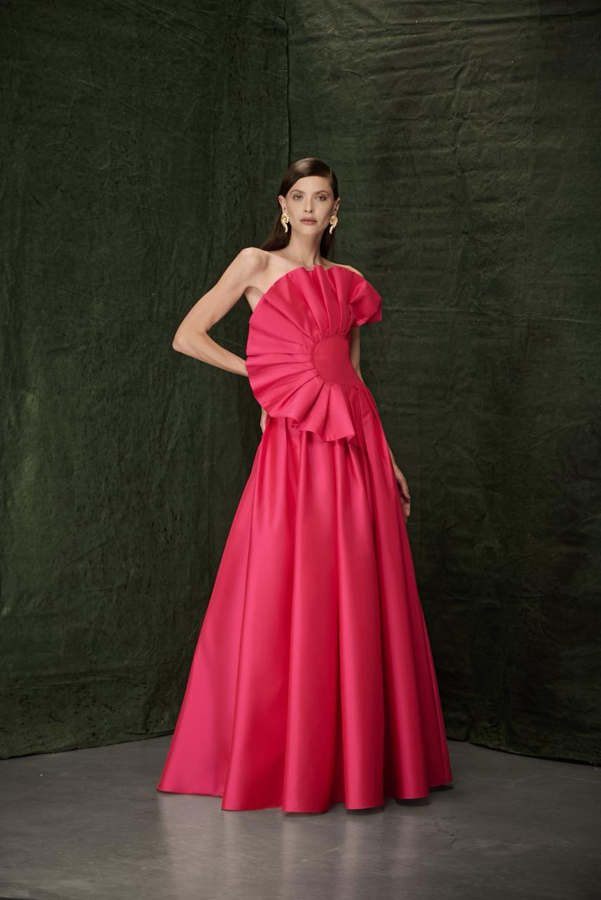 Fuchsia Strapless Gown with Asymmetrical Pleated Ruffle Front and Under Crinoline Structure Layer