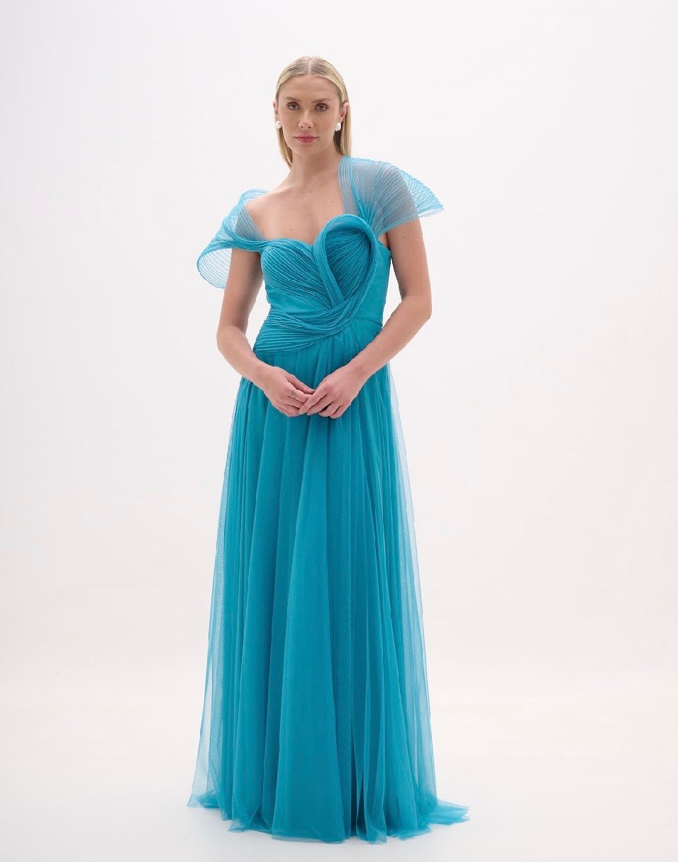 Teal Blue Wave Tulle Gown