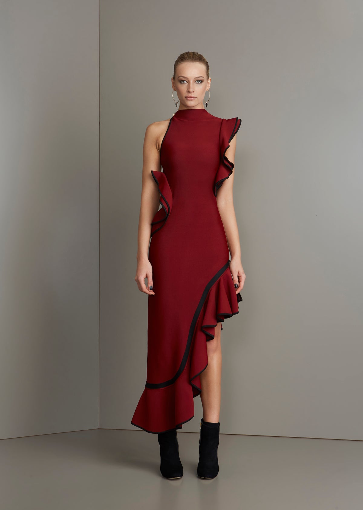 Burgundy Bandage Midi Ruffle Dress