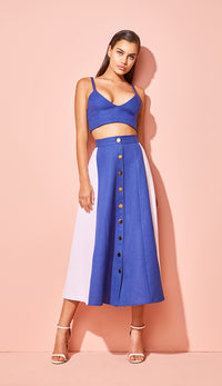 Blue and White Panel Button Up Midi Skirt