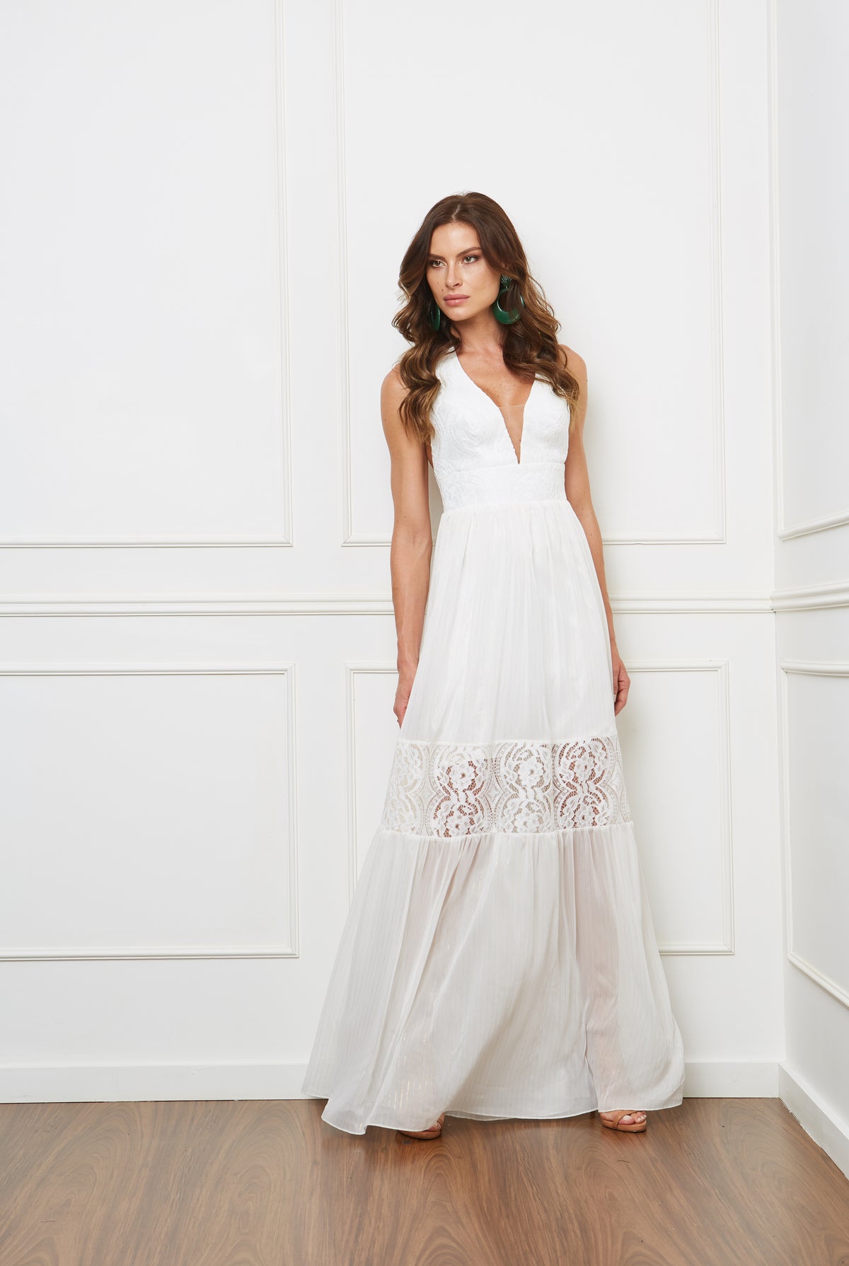 Off White Halter Lace Gold Striped Long Dress
