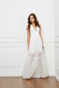 Off White Halter Lace Gold Striped Long Dress