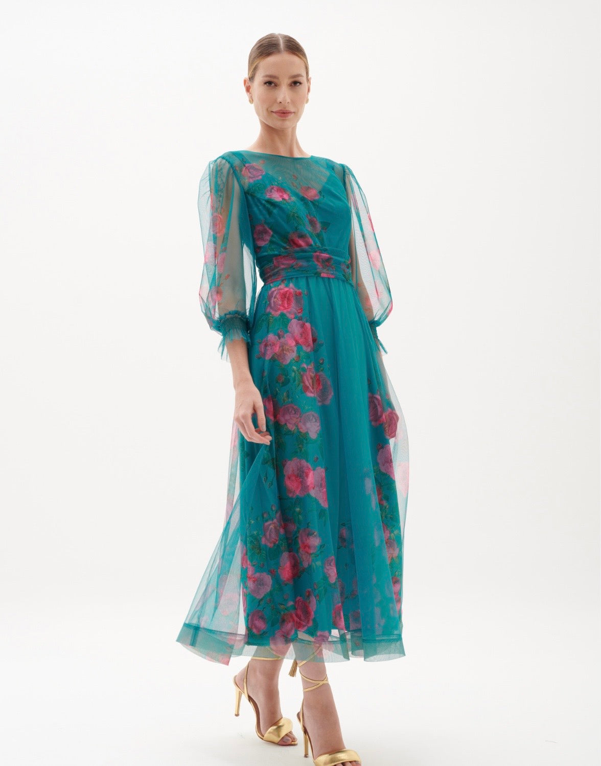 Green and Pink Midi Tulle Dress