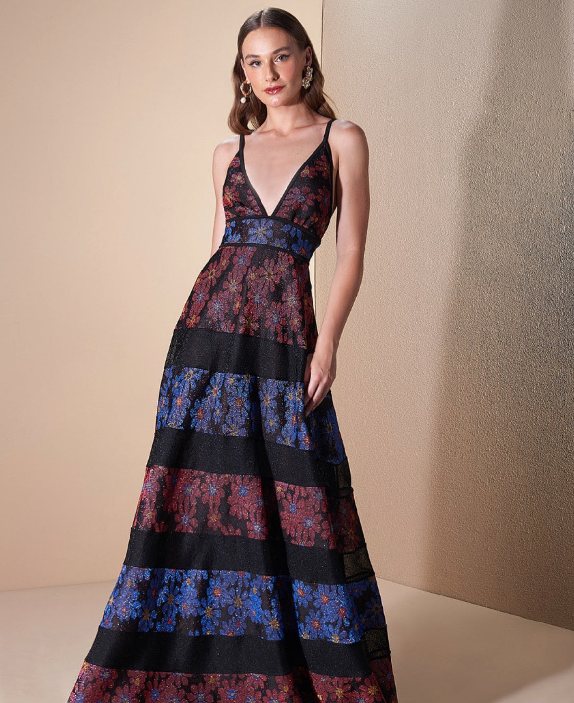 Tri Color Floral Knit Sleeveless Long Dress