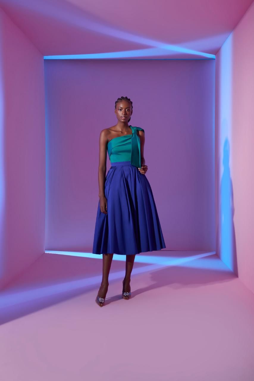 Navy Blue and Green One Shoulder Midi Taffeta Dress