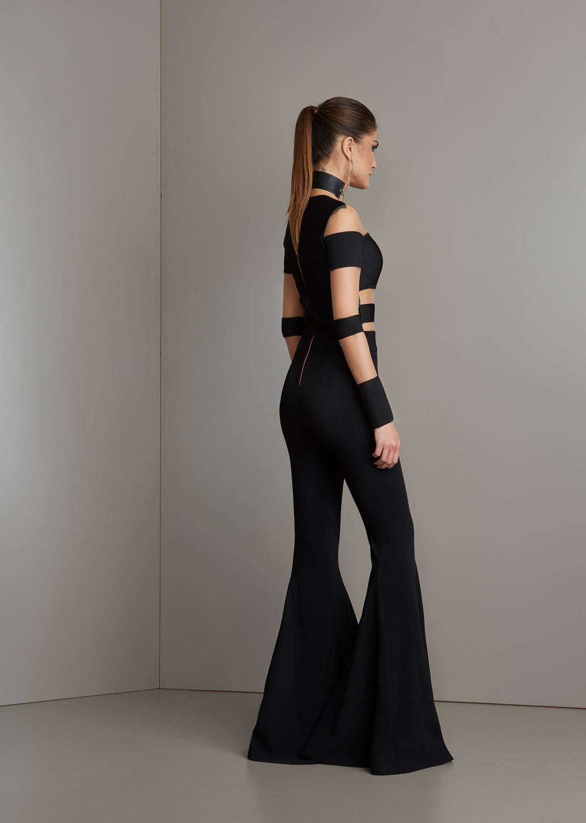 Black Bandage Bell Bottom Jumpsuit with Mesh Straps