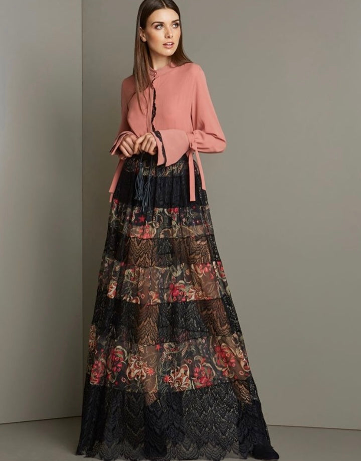 Black Lace and Floral Pattern Long Skirt