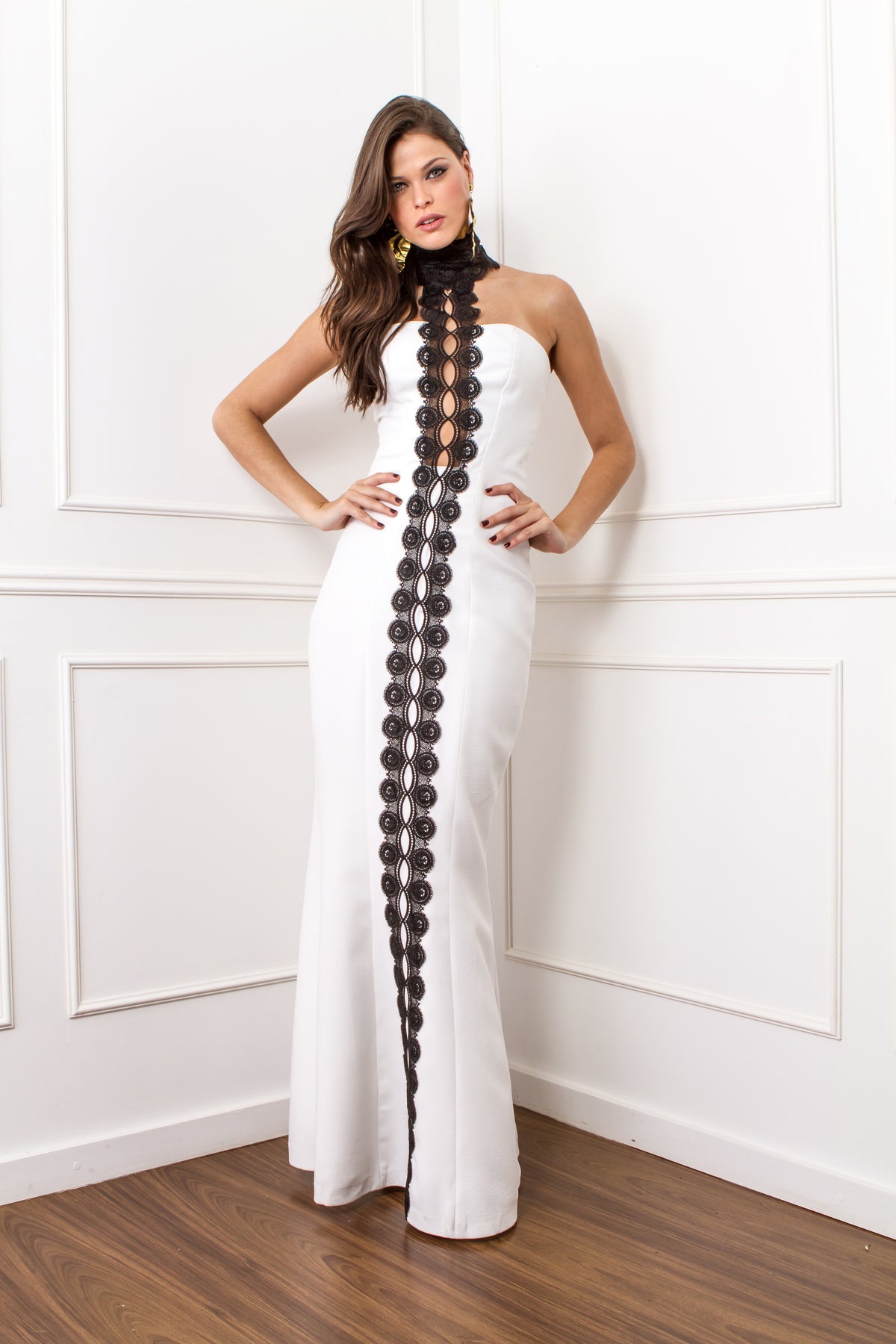 Off White Black Lace Halter Long Dress