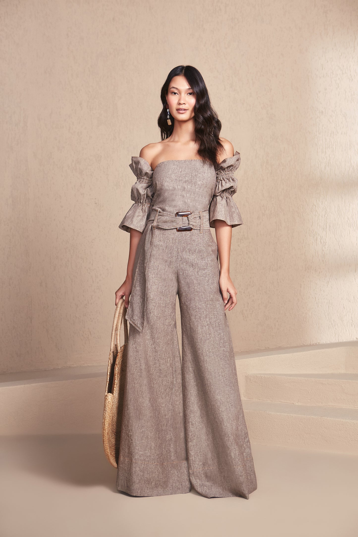Green Khaki Strapless Puff Sleeves Linen Jumpsuit