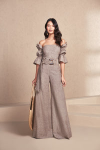 Green Khaki Strapless Puff Sleeves Linen Jumpsuit