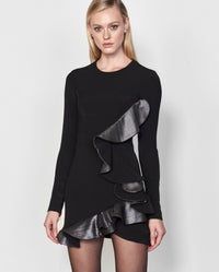 Black Long Sleeve Mini Dress with Silver Ruffle Detail