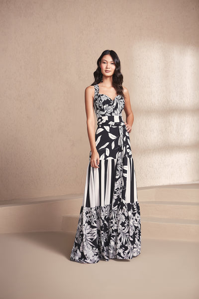 Black and White Floral Striped Long Dress