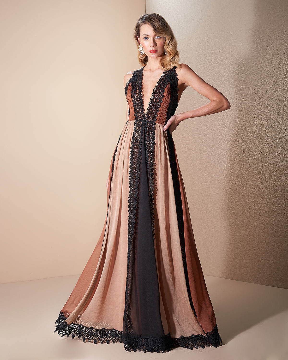 Tri-Color Color Blocking Lace Trim Long Dress