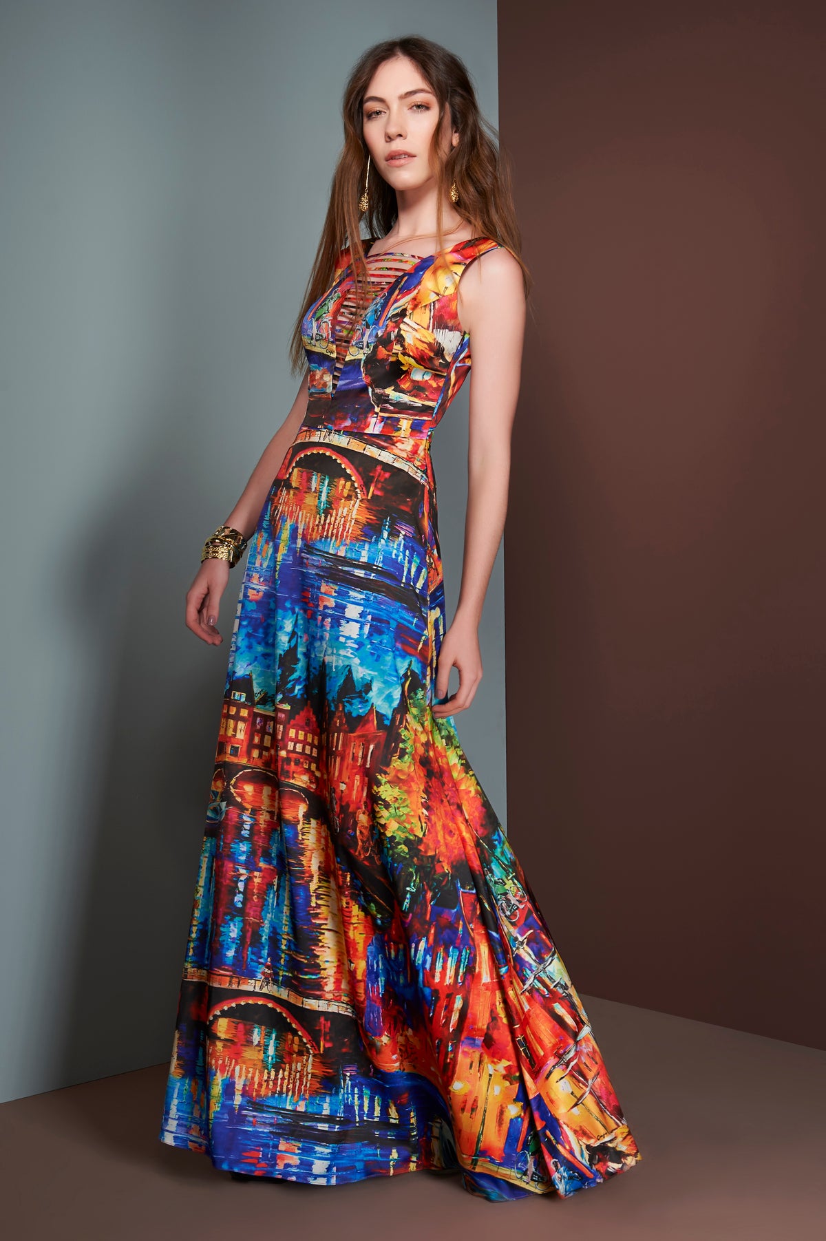 Multicolor Cityscape Pattern Sleeveless Long Dress
