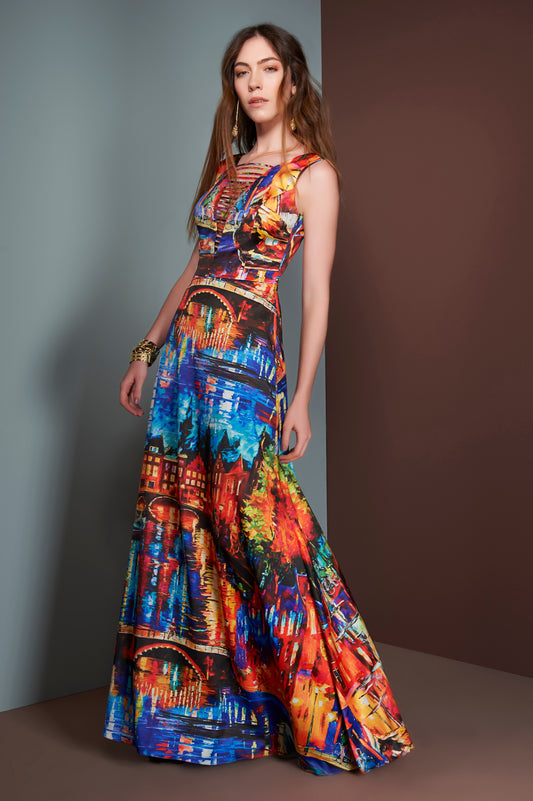 Multicolor Cityscape Pattern Sleeveless Long Dress