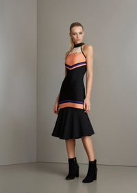 Black Tri Color Halter Bandage Midi Dress