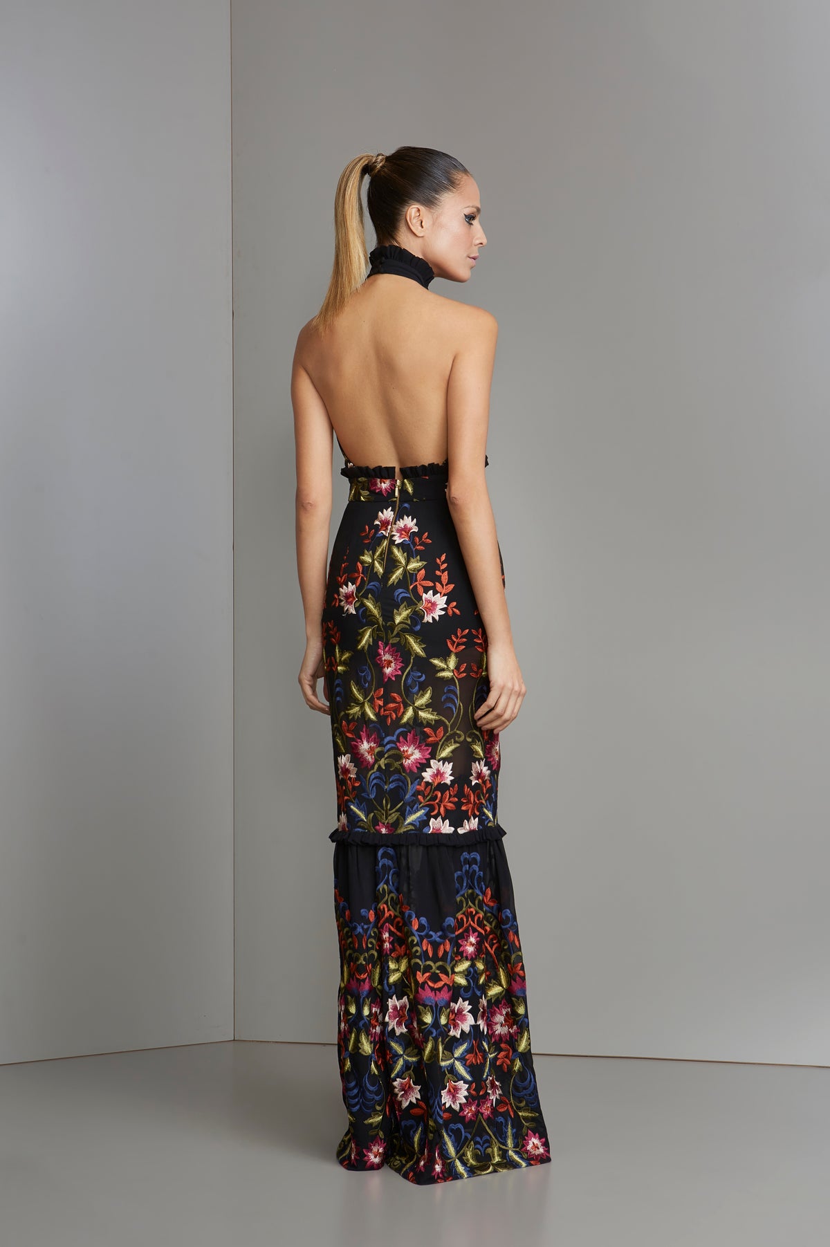 Black Floral Embroidery Halter Dress