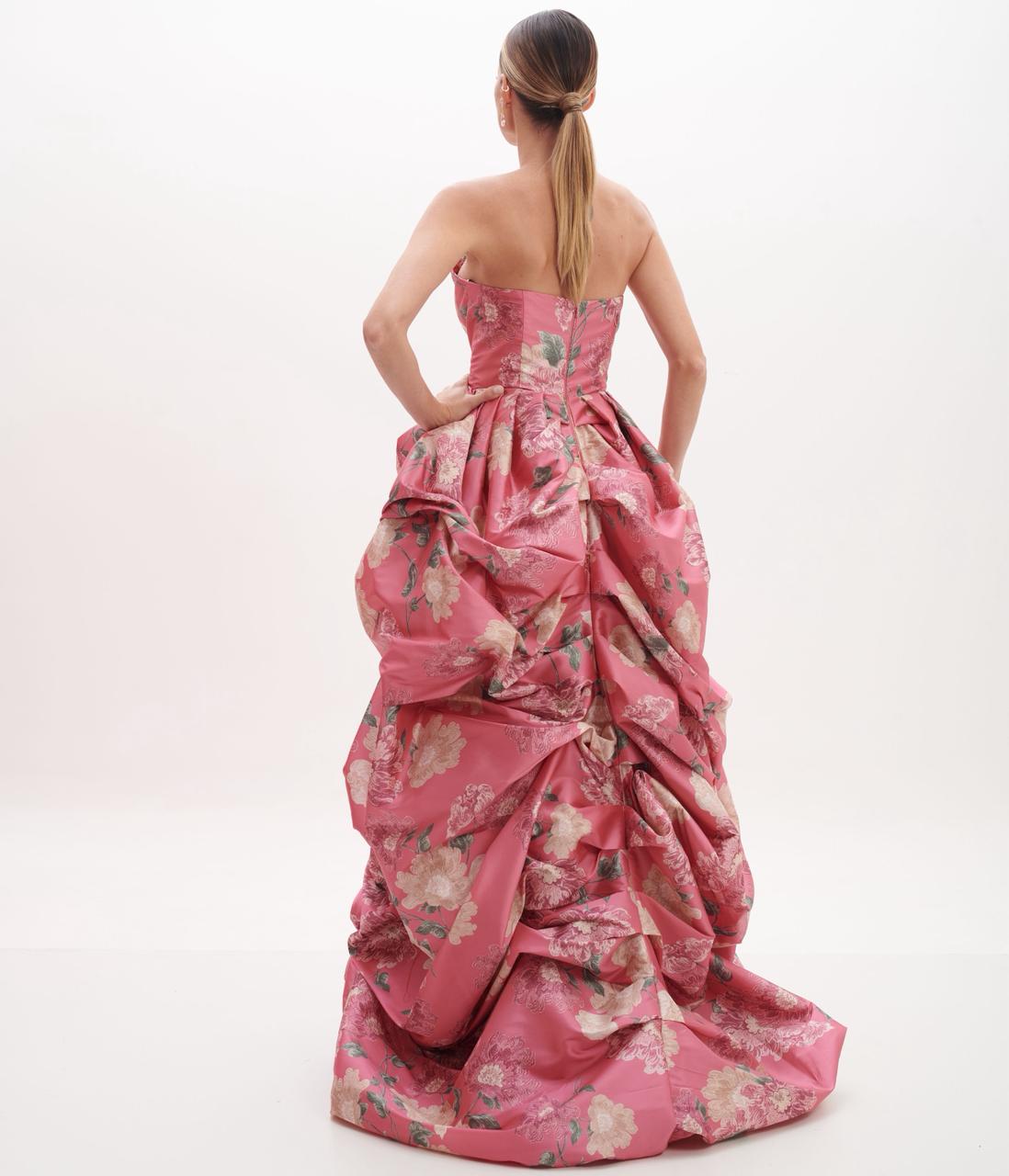 Strapless Floral Dusty Rose Gown with High Front Slit