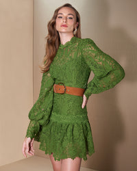 Green Lace Puffy Sleeved Short Dress