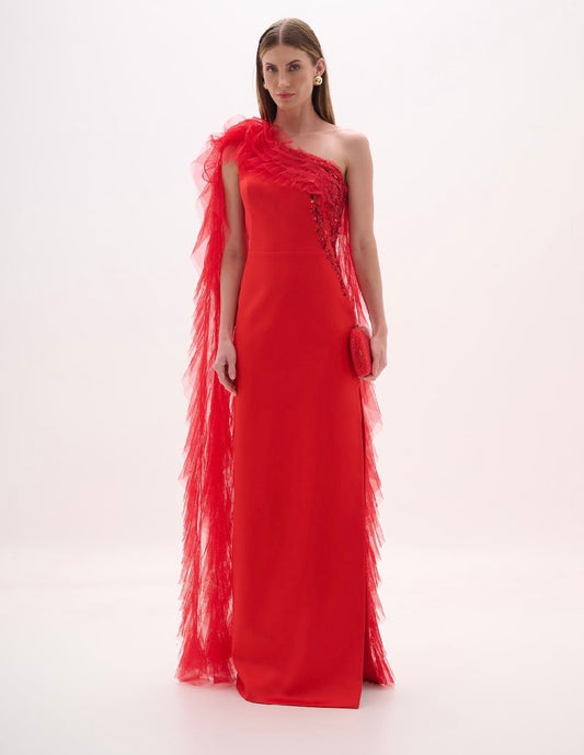 Red One Shoulder Satin Tulle Cape Gown