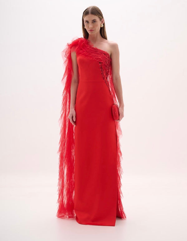 Red One Shoulder Satin Tulle Cape Gown
