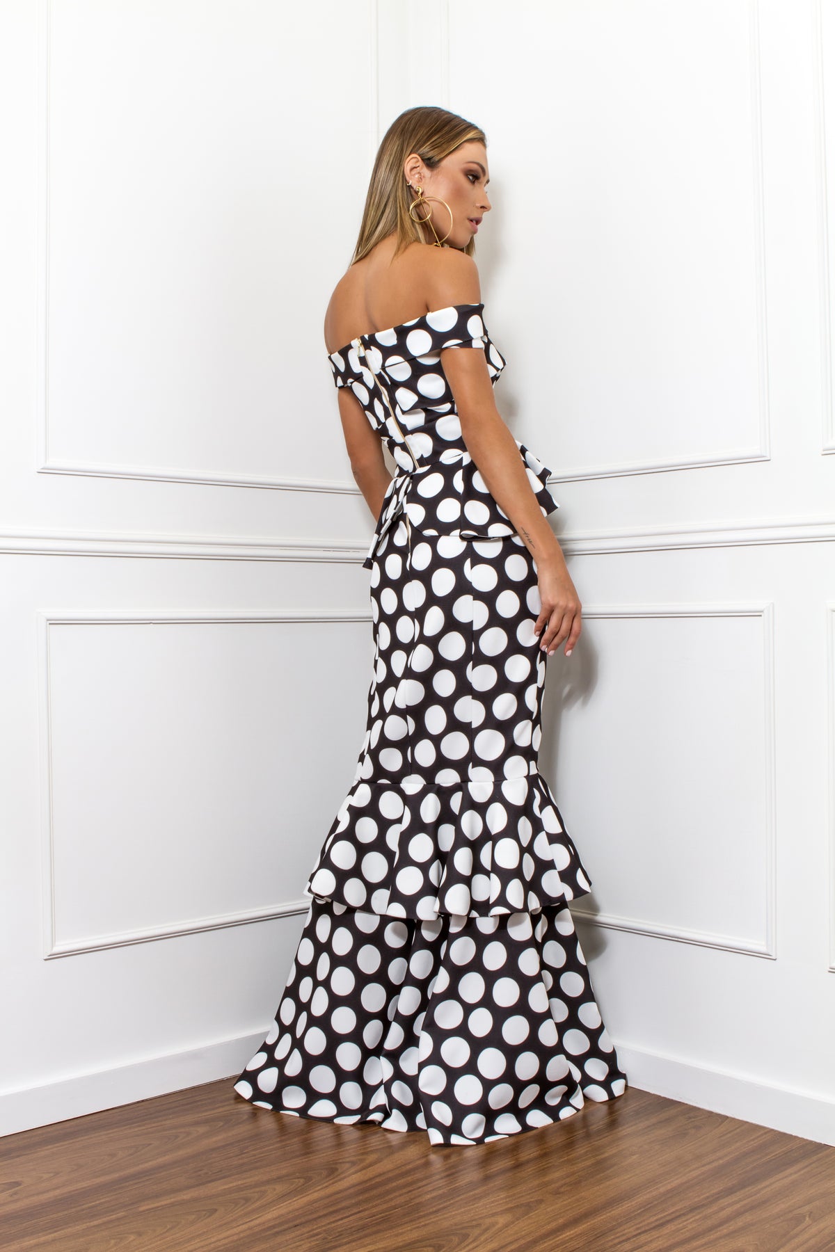 Black and White Polka Dot Off -Shoulder with Peplum