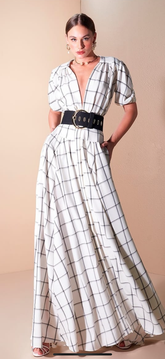 White and Gray Geometric Patterned Button Up Three-Quarter Sleeve Dress