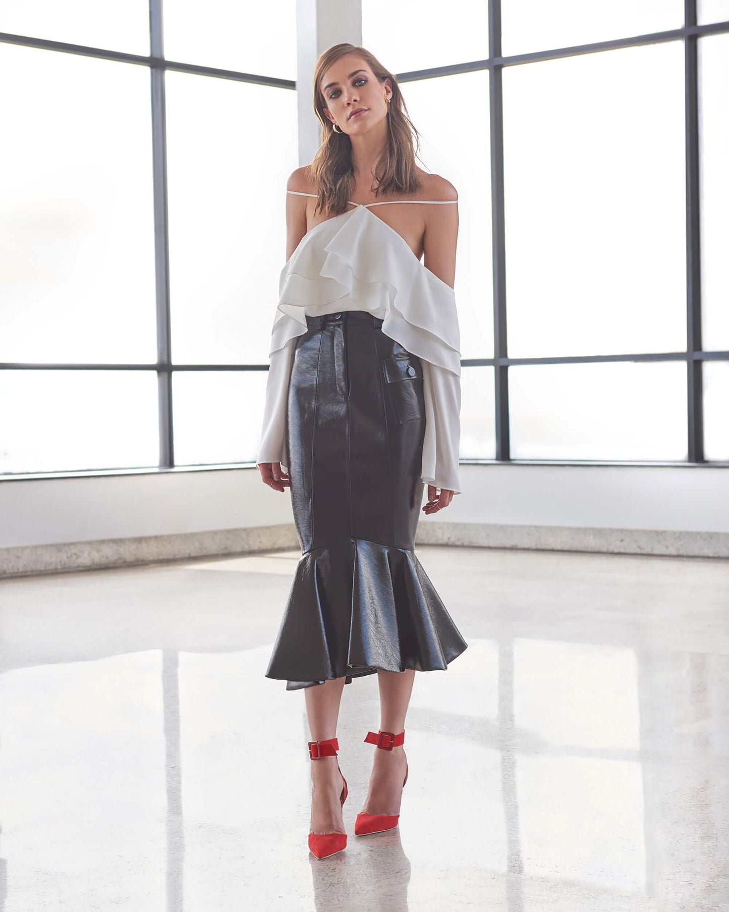 Midi Flared Ruffle Black Vinyl Skirt