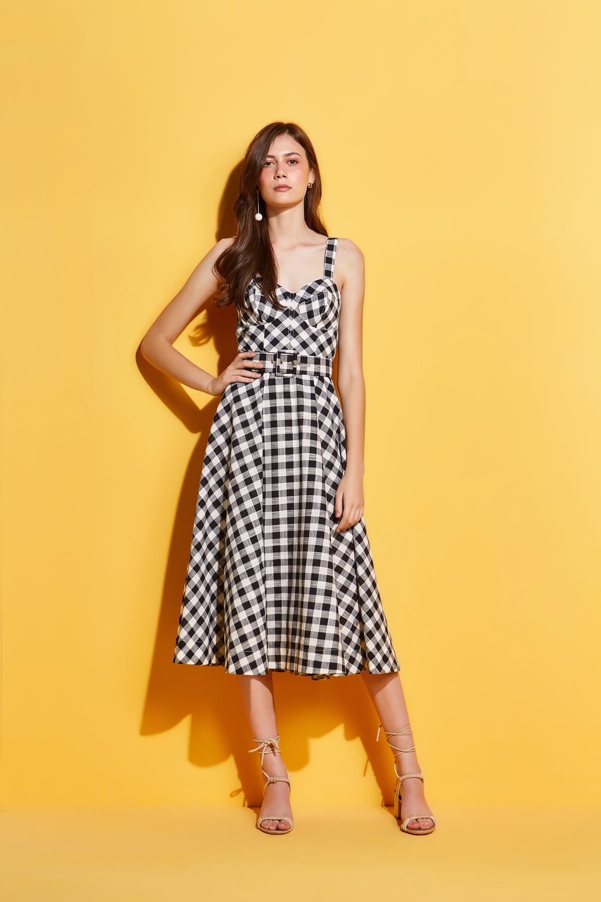 Black White Gingham Sleeveless Midi Dress