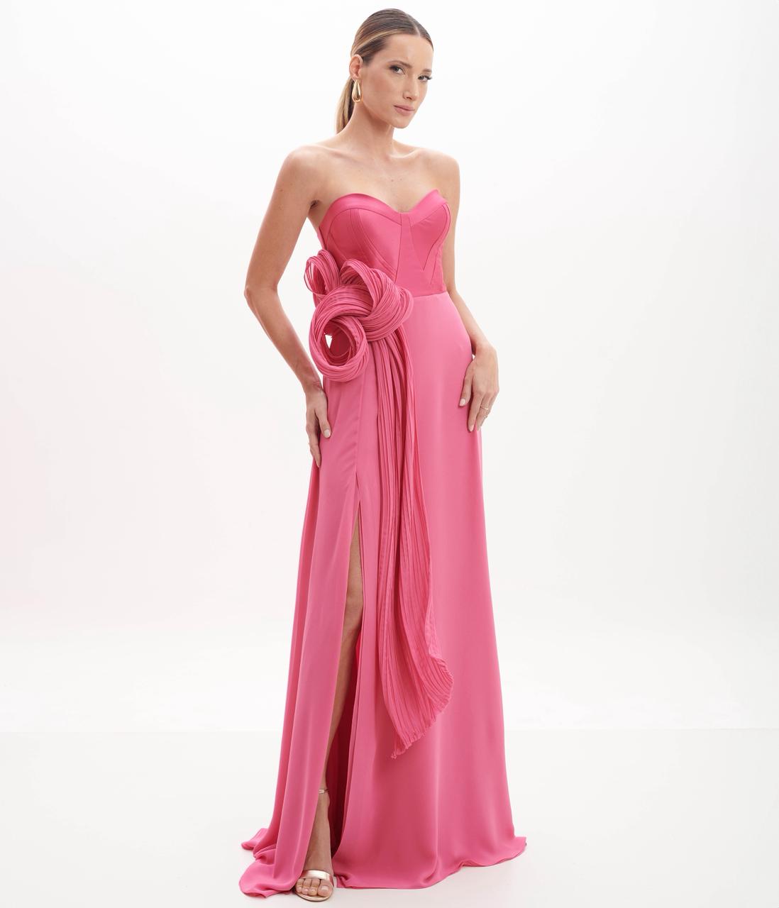 Dusty Rose Strapless Gown with Structured Bustier and Oversized Structured Ribbon