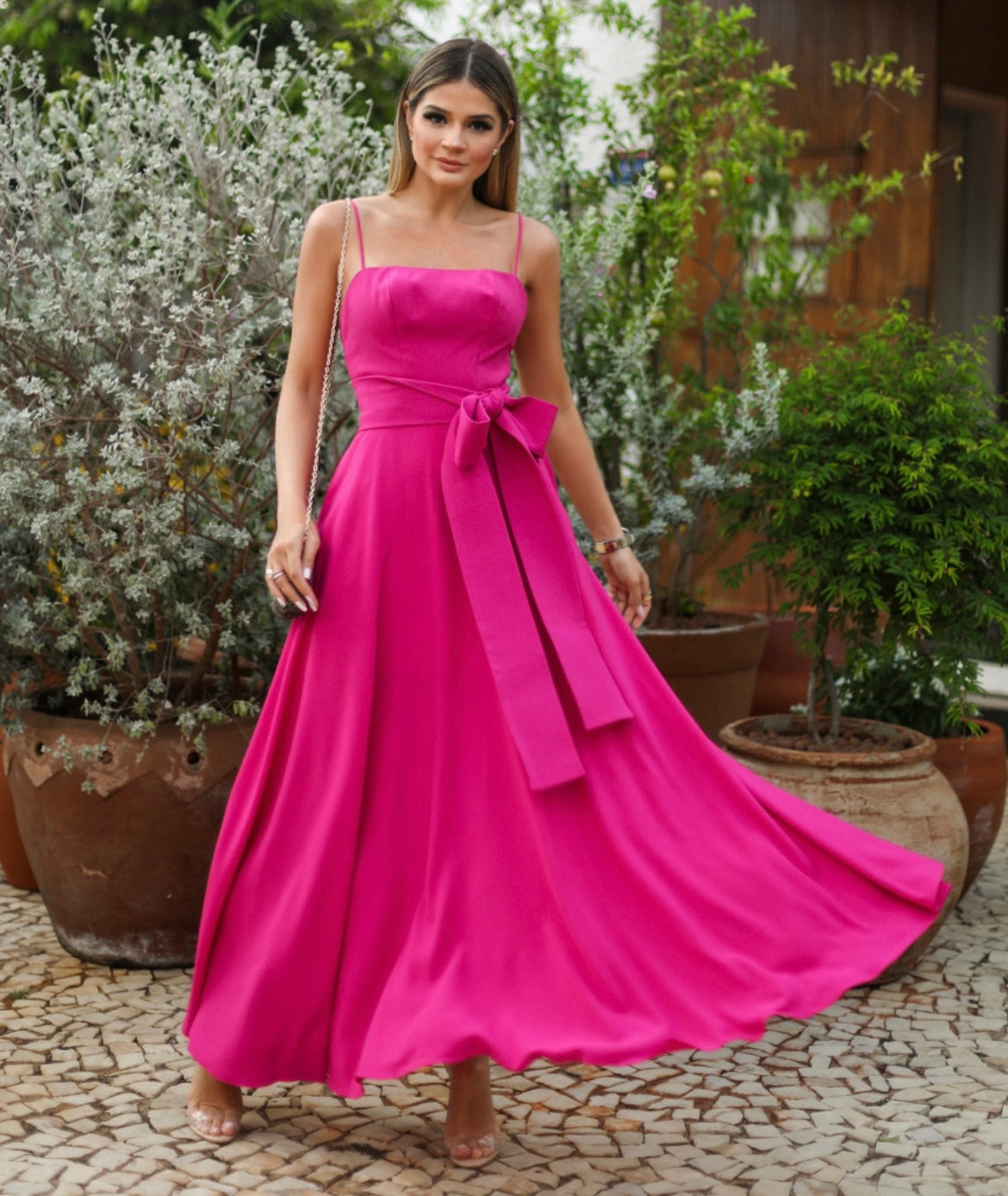 Pink Sleeveless Midi Dress With Pockets