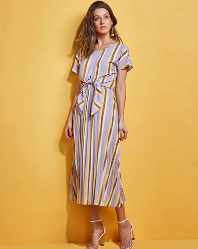 Multi-Color Striped Front Tie Pleated Midi Dress