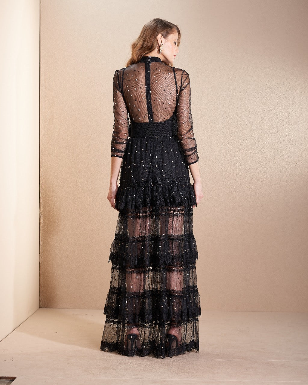 Black Tulle with Gold Polka Dots Sheer Long Sleeves Long Dress