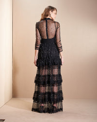 Black Tulle with Gold Polka Dots Sheer Long Sleeves Long Dress