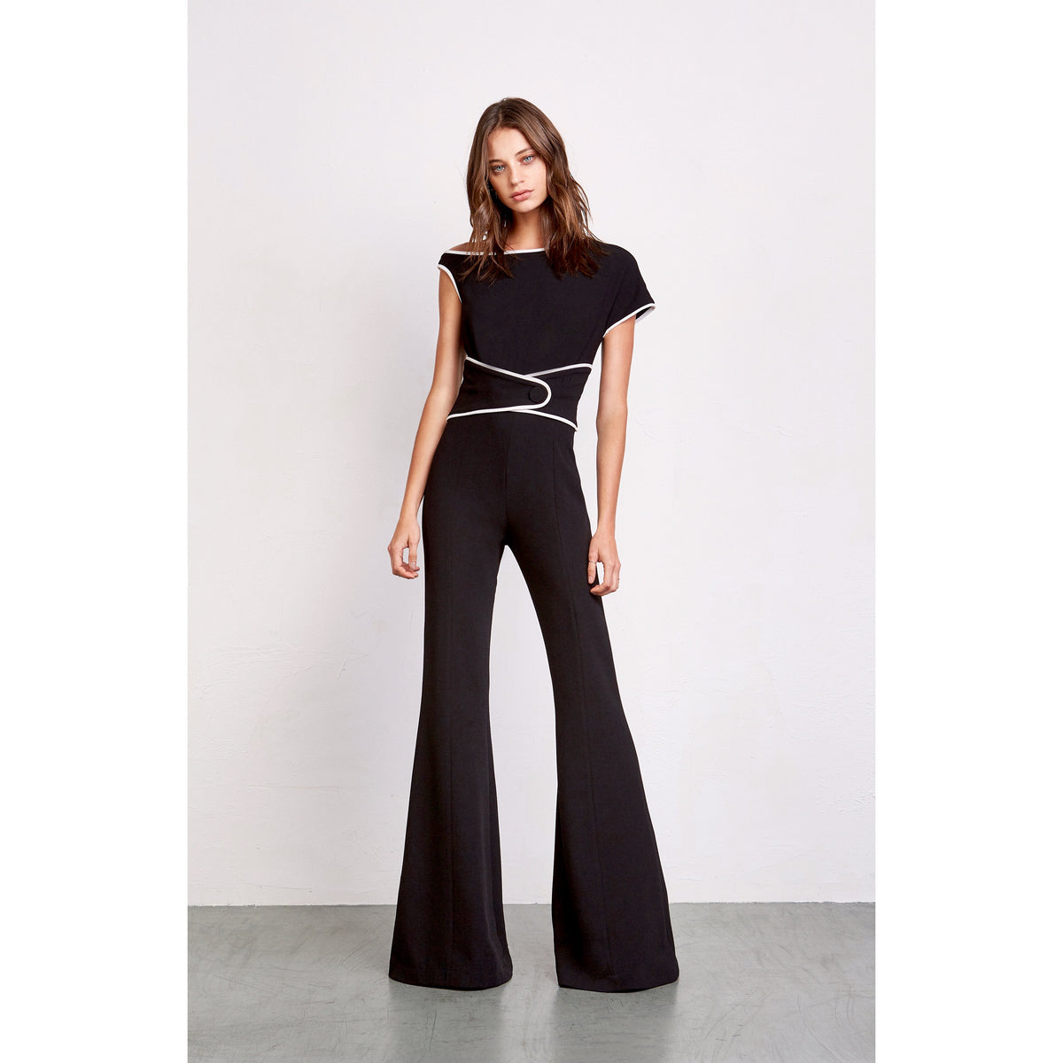 Black and White Trim Jumpsuit with Attached Snap Strap