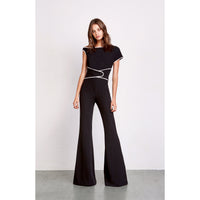 Black and White Trim Jumpsuit with Attached Snap Strap