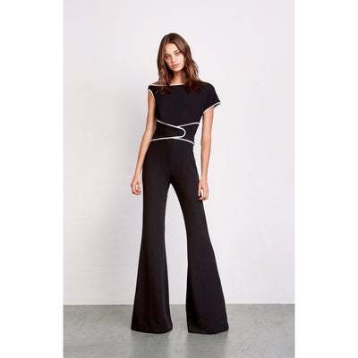 Black and White Trim Jumpsuit with Attached Snap Strap