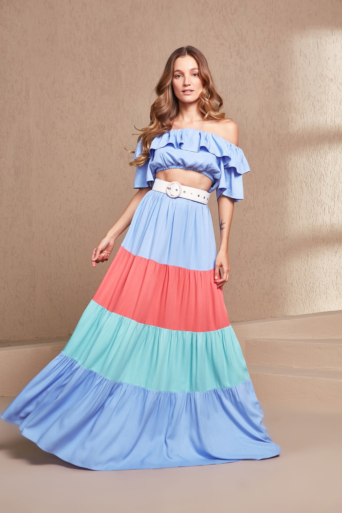 Sky Blue Tri Color Crop Top Two Piece Set