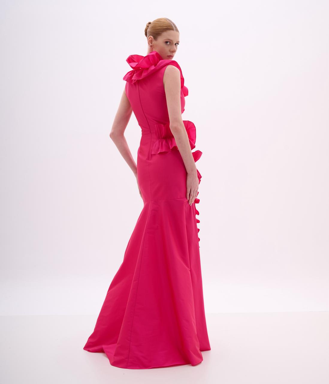 Fuchsia Sleeveless Gown with Ruffle Applique